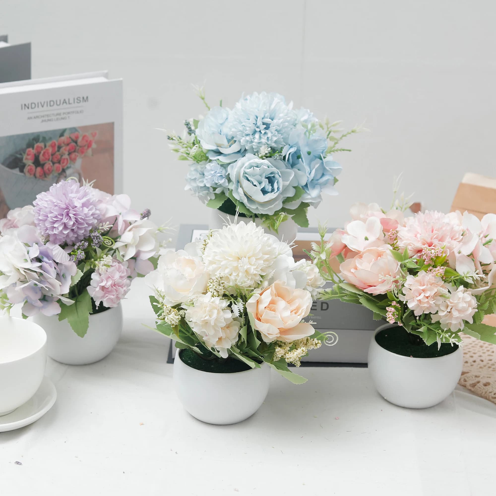 Artificial Plants of Vegetables in Vase, Faux Peony Flowers, Bonsai for Wedding Centerpieces, Holiday Decorations, Arredo House and Desk