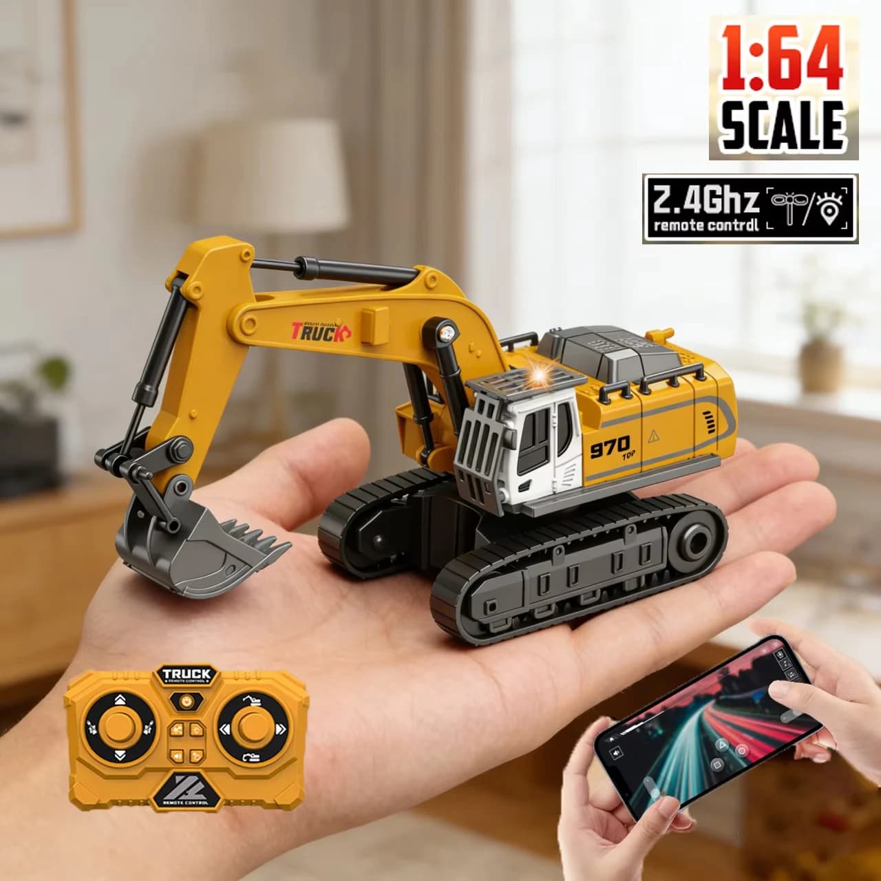 Mini Escavatore RC 1/64, Camion Ribaltabile Telecomandato, Veicolo da Costruzione con Luci e Suoni, Mini Giocattolo Regalo, Camion RC