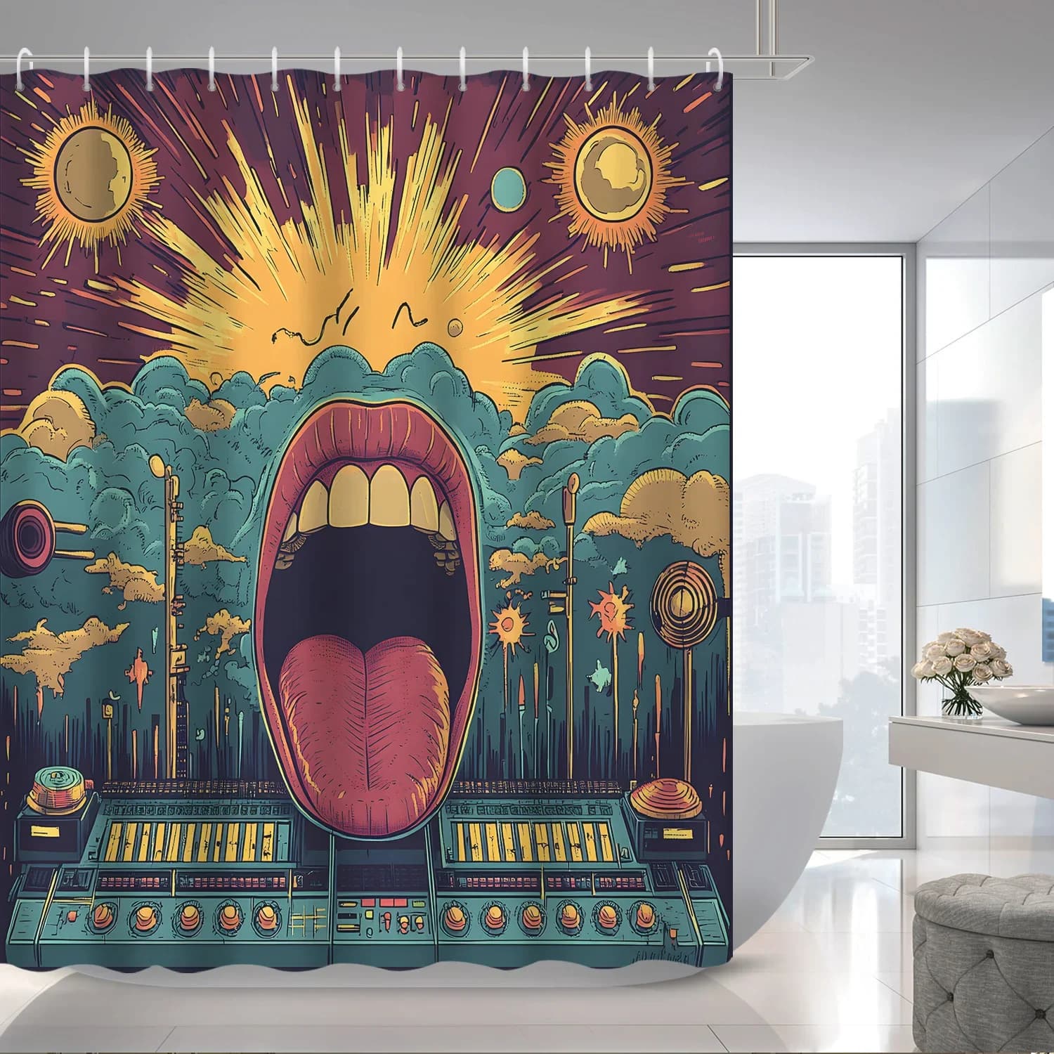 1pc Retro astratto arte geometrica bocca denti lingua tenda da doccia tenda divisoria, decorazione del bagno tenda da doccia