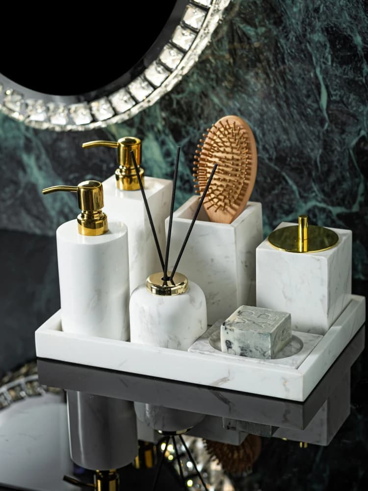 Volakos Set da bagno in marmo naturale bianco Portasapone Dispenser di sapone Tamponi di cotone Barattolo Scatola per fazzoletti Vassoio Accessori da bagno