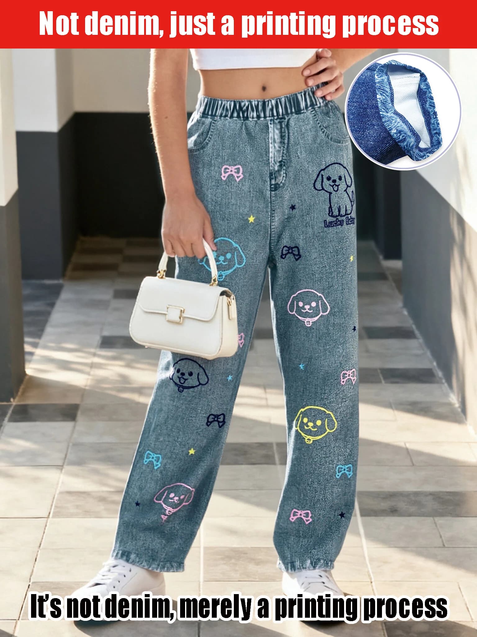 Synthetic denim jeans with cute puppy print Denim simulated straight leg casual loose