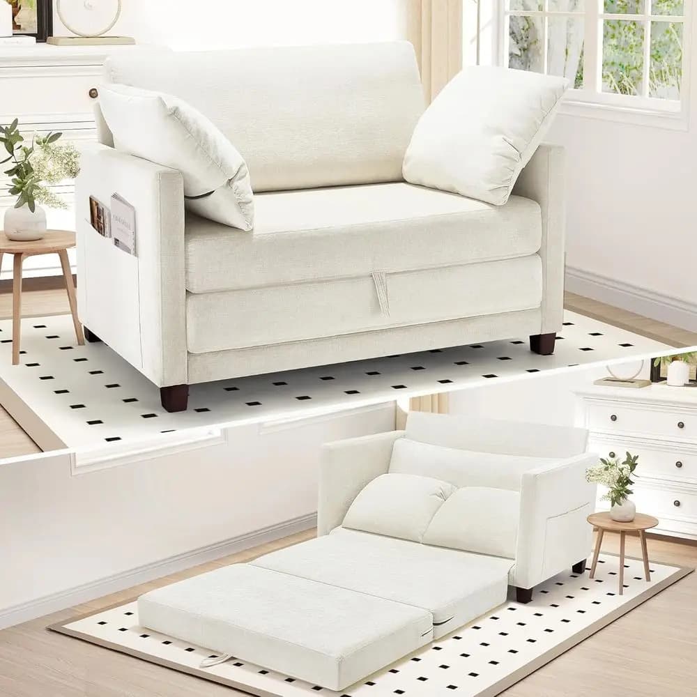 51 Convertible Sofa Bed, 2-in-1 Sleeper Sofa, Loveseat for Small Spaces, Living Room Couch with 2 Pillows, Beige Chenille Fabric