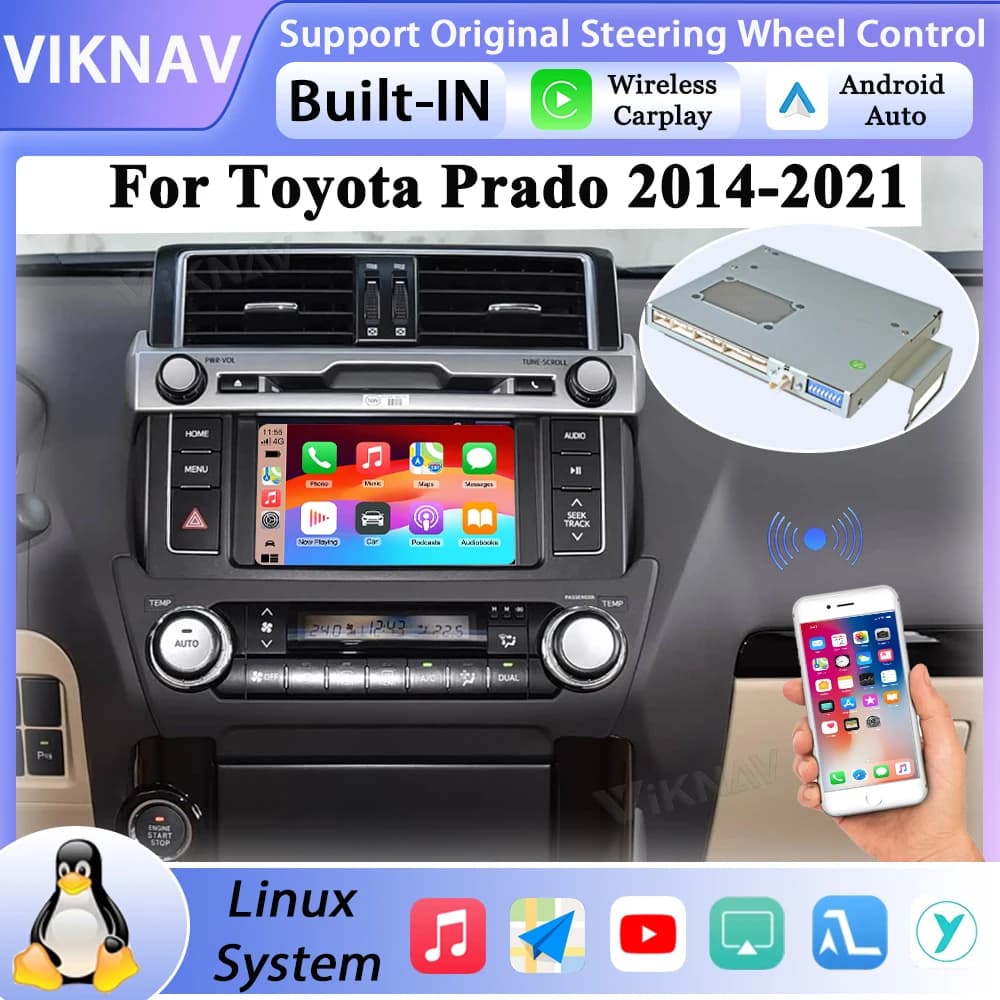 Linux Interface Box for Toyota Prado 2014-2021 Wireless CarPlay Android Auto GPS Navigation Original Car Radio Screen