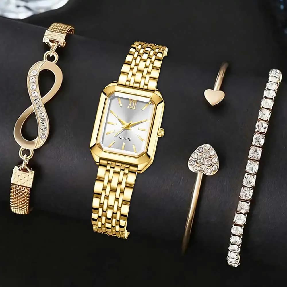 Set di orologi da donna di lusso dorati da 4 pezzi Set di braccialetti per orologi al quarzo con quadrante rettangolare di tendenza alla moda adatto per l'abbinamento esclusivo quotidiano