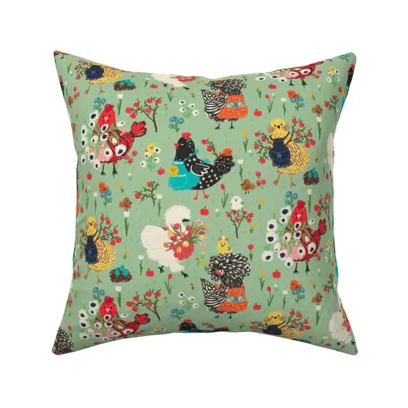 Green Chickens Square Throw Pillow Cover Spring Tulip Bird Animal Print Decorative Cushion Cover for Sofa Bedroom Spring Home Decor