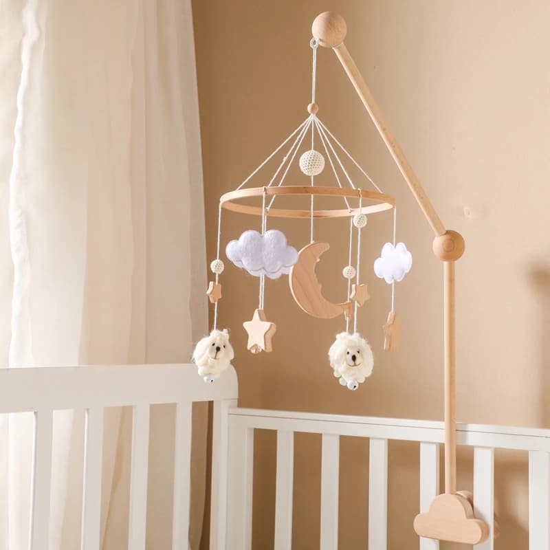 Sonaglio per bambini in legno Mobile 0-12 mesi feltro morbido cartone animato pecora stella luna neonato carillon appeso campana letto Mobile culla staffa giocattolo