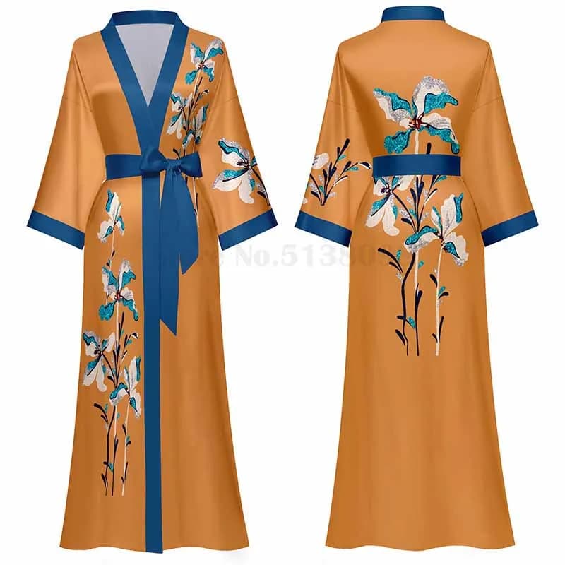 Abito lungo stampato Kimono Sexy accappatoio lingerie per donna abito da casa pigiameria estiva in raso camicie da notte a mezza manica femminili