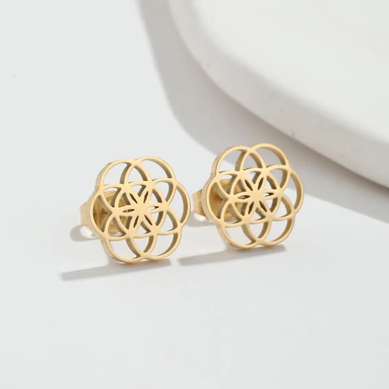 Women's Stainless Steel Button Earrings with Silver Gold Plated sacred geometry