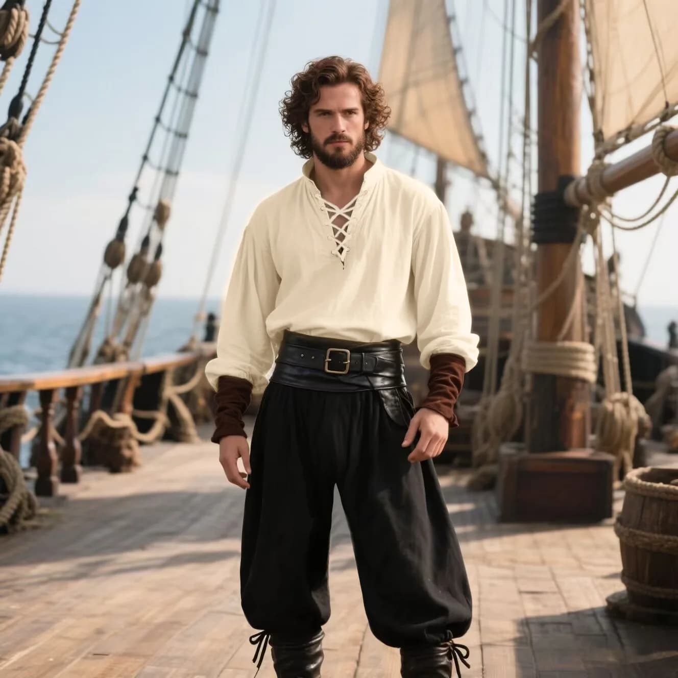 Halloween Pirate Costume Men's Medieval Renaissance LARP Shirt with Belt, Retro Gothic Lace-up Top & Pants Set Cosplay Carnival