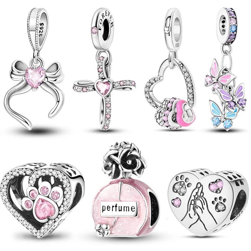 Original 925 Sterling Silver Pink Series Charms Beads Bow Scent Bottle Heart Shaped Cross Pendant Bracelet Suitable for You Jewelry