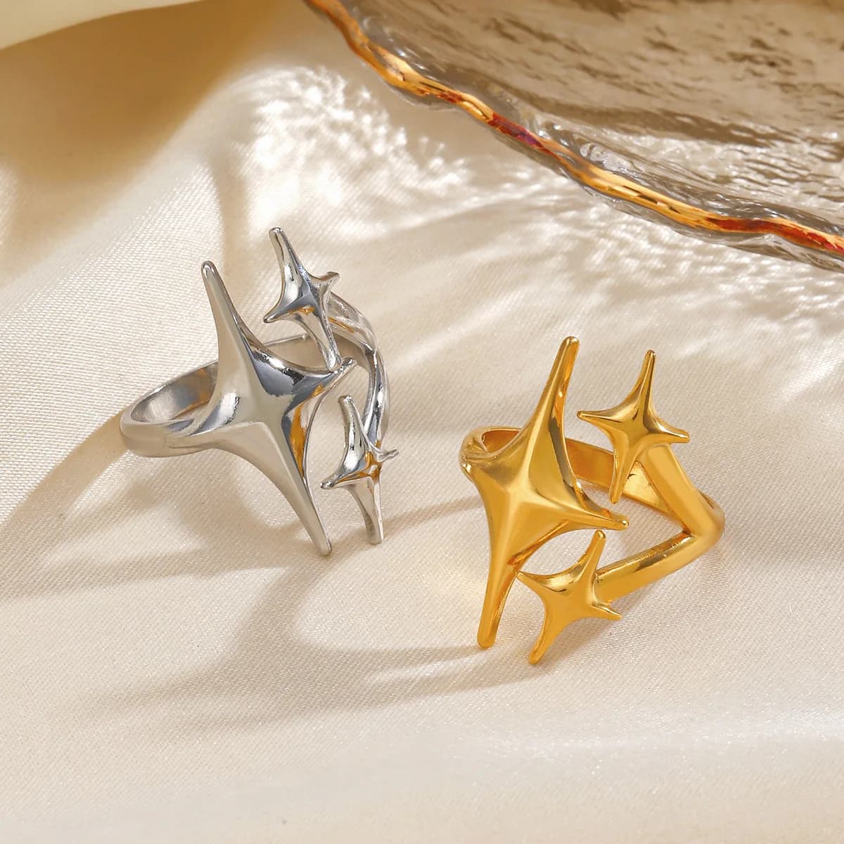 Anello Apribile a Stella in Acciaio Inossidabile Color Oro per Donne, Elegante Fede Nuziale di Lusso, Regalo per Coppie, Gioiello da Dito Raffinato