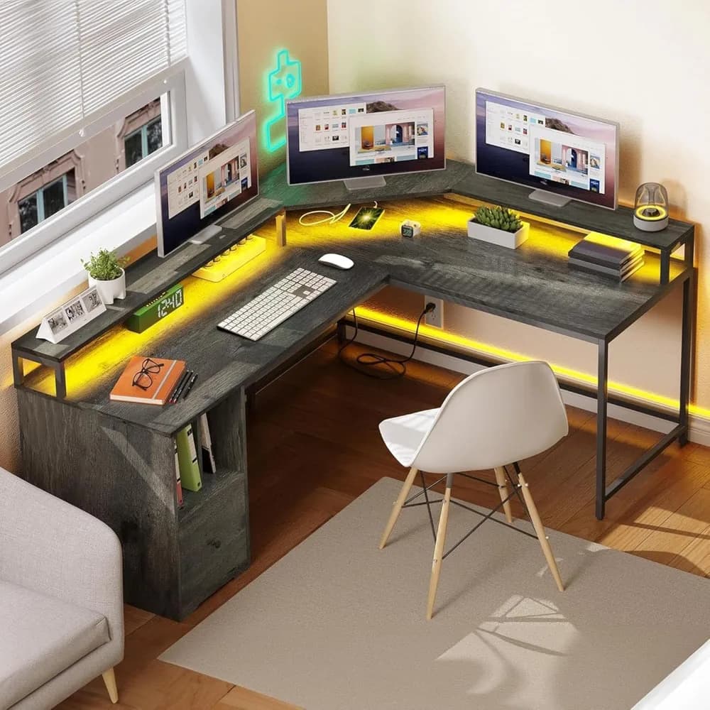 Lights, 67" computer desk with document drawer, household office corner desk with monitor support and 3 cubicle holder shelves, grey