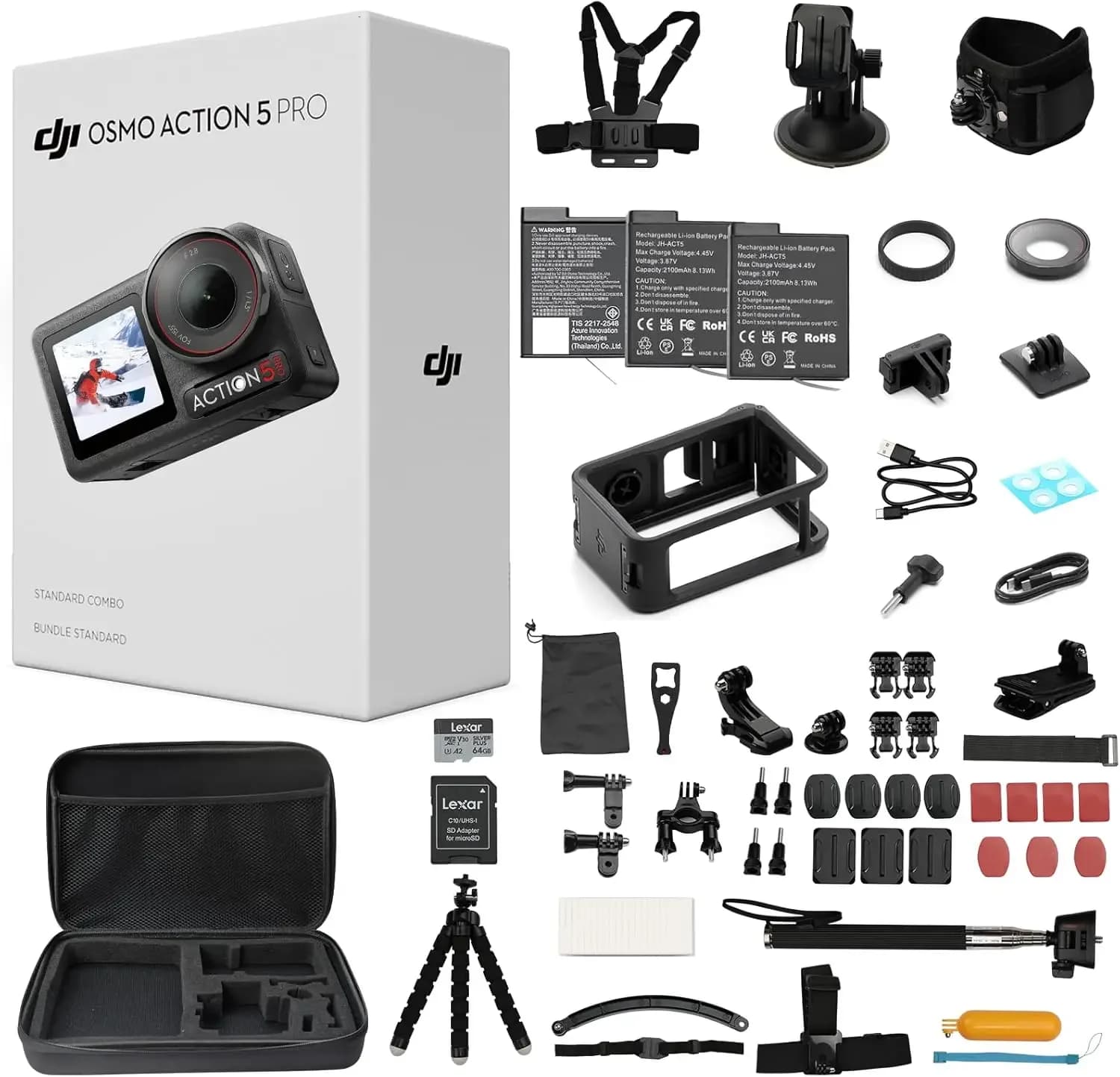 Combo Pro Standard 5, con Kit di Accessori da 58 Pezzi e 2 Batterie Extra + Scheda da 64GB - Videocamera d'Azione Impermeabile 4K/120fps