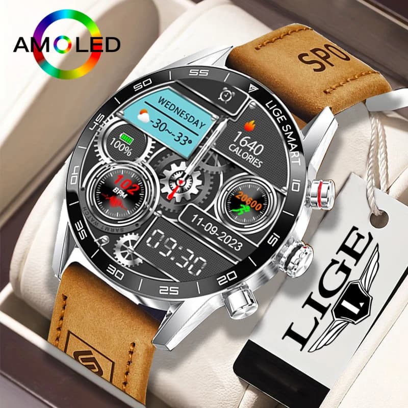 LIGE AMOLED Smart Watch Screen for Men Smart Watch Waterproof Bluetooth Call Smartwatch New Smartband Man