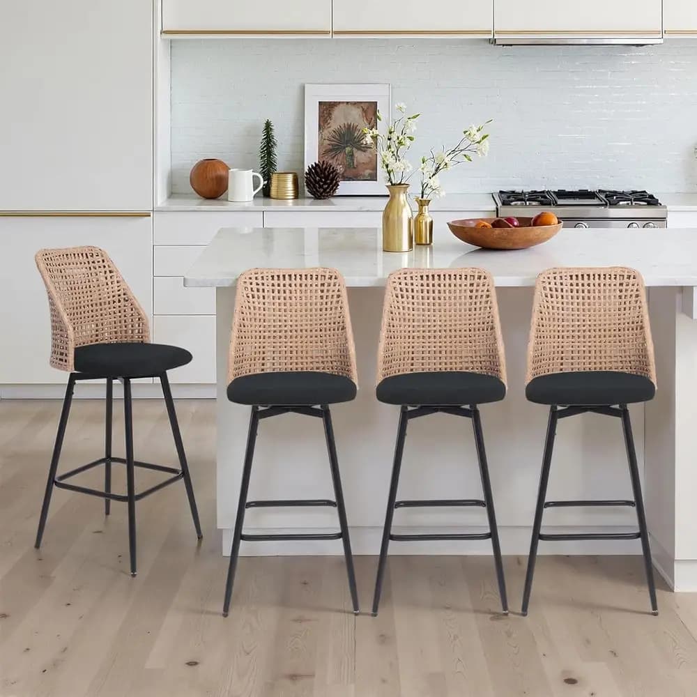 Set di 4 sgabelli da bar girevoli in ciniglia con poggiapiedi, schienale in rattan, ideali per isola della cucina o bancone - struttura in metallo nero