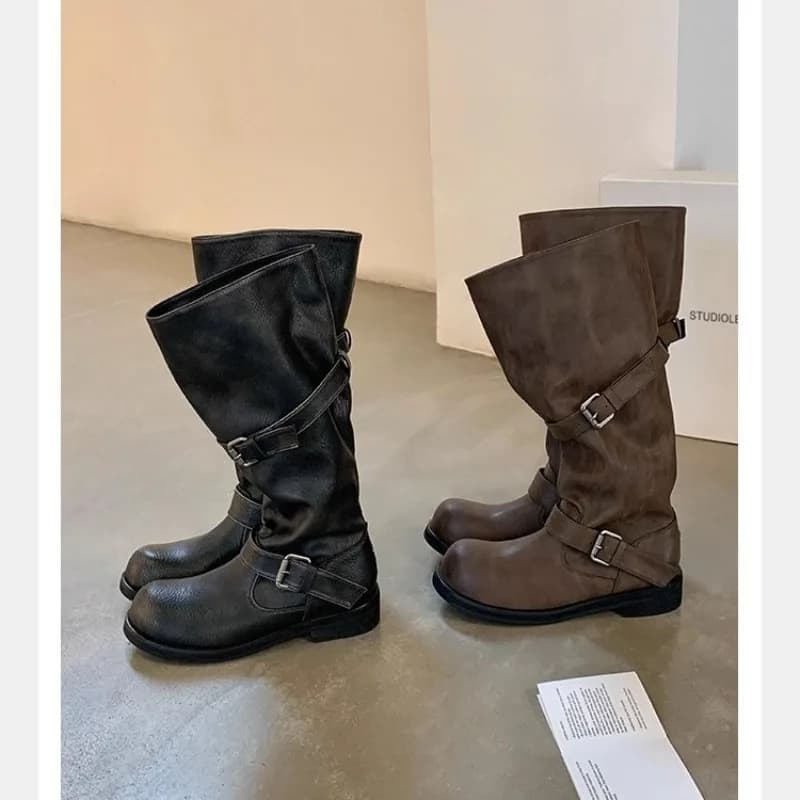 Women's Boots Luxury Platform Legs for Pants High Boots Trends Women's gothic punk shoes Real leather motorcycle shoes New Rock