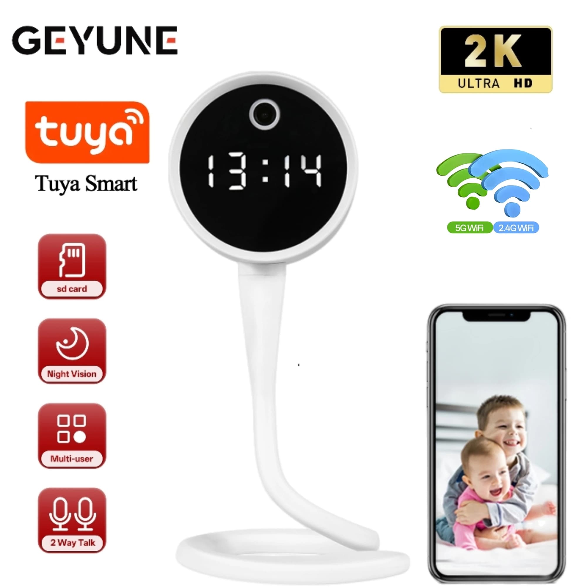 Telecamera WiFi Tuya 3MP Mini per Interni, Telecamera di Sicurezza IP Wireless con Visione Notturna IR, Rilevamento AI, Monitor per Casa, Bambini e Animali Domestici