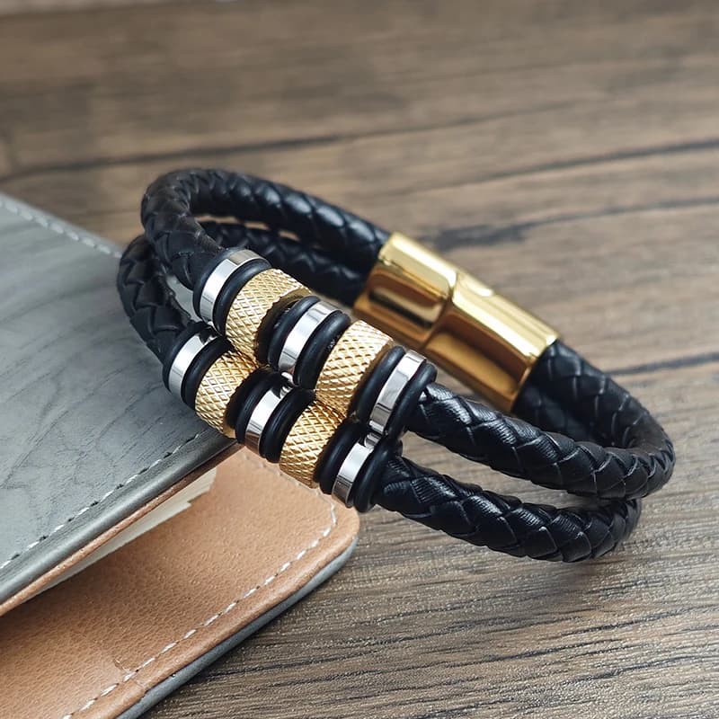Punk Style Leather Bracelet with Ananas Pattern for Men, Open Bracelet Black/Gold/Silver Stainless Steel, Gift