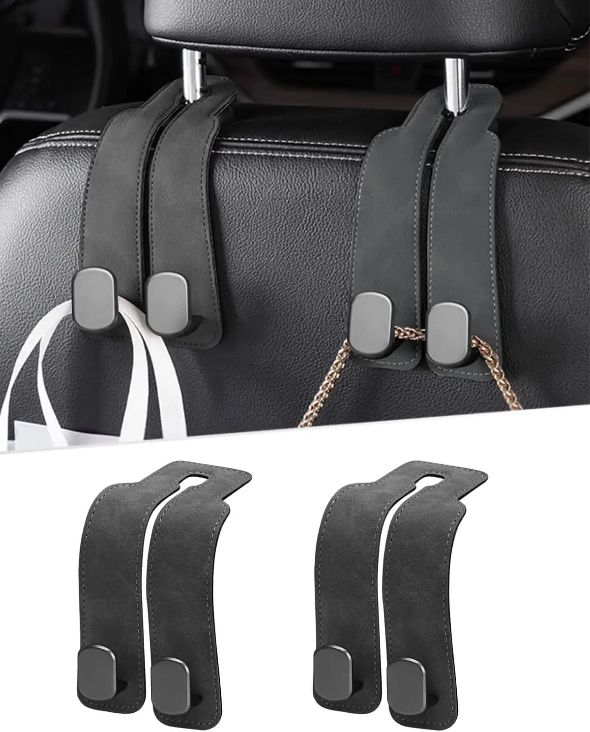 Set di 2 Ganci per Poggiatesta Auto, Organizzatore Regolabile per Sedile, Supporto Universale in Metallo e Pelle per Borse, Grigio