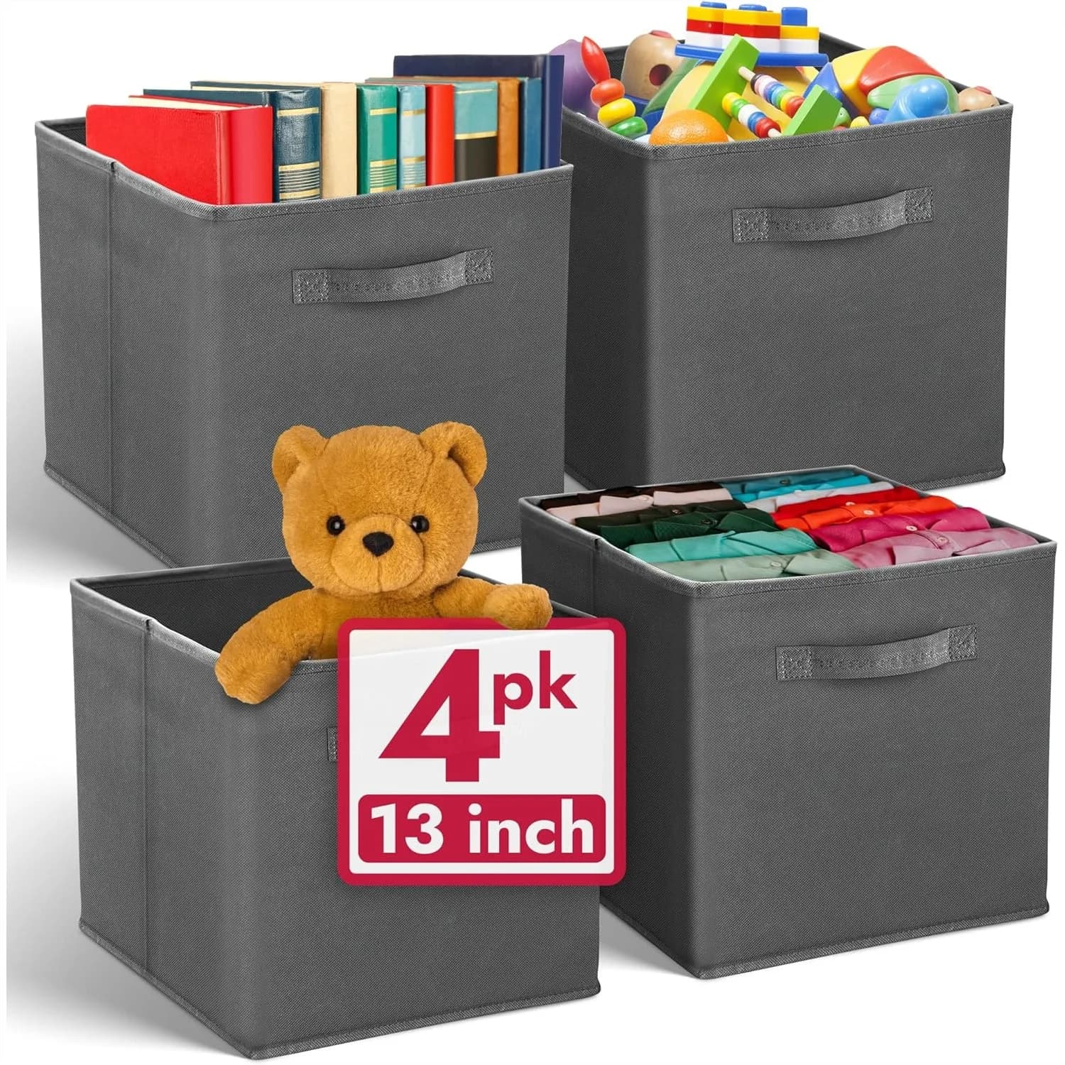 Contenitori Cubo 13x13 cm, Set da 4, Organizzatori Pieghevoli in Tessuto per Kallax, Camera dei Bambini, Grigio Scuro