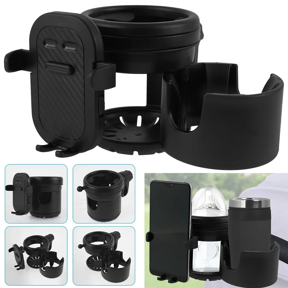 Portabicchieri per passeggino Portaborraccia universale per passeggino 360 ° Porta telefono girevole Portabicchieri per organizer per auto per bambini a doppio foro