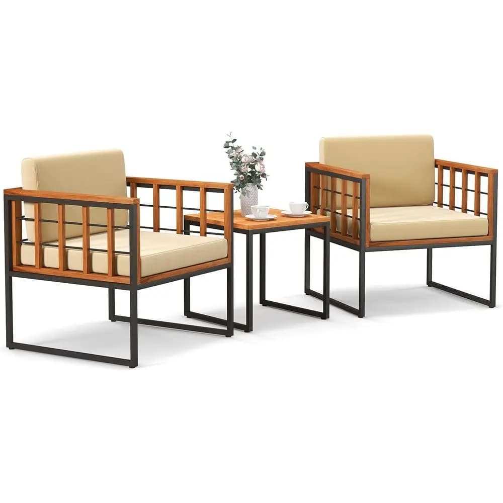 Set of 3 piece acacia wood garden chairs with metal support and beige cushions for outdoor spaces