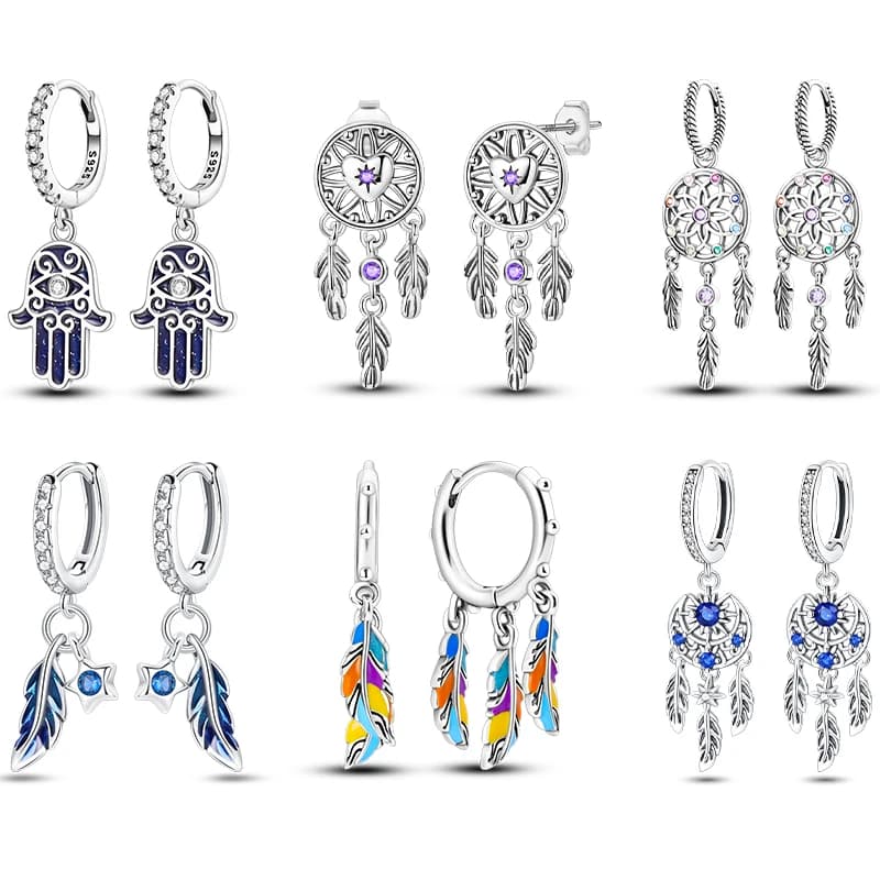 Real 925 Sterling Silver Palm Devil's Eye Feather Dream Catcher Design Luxury Earrings Fit For Engagement Fine Jewelry Gifts
