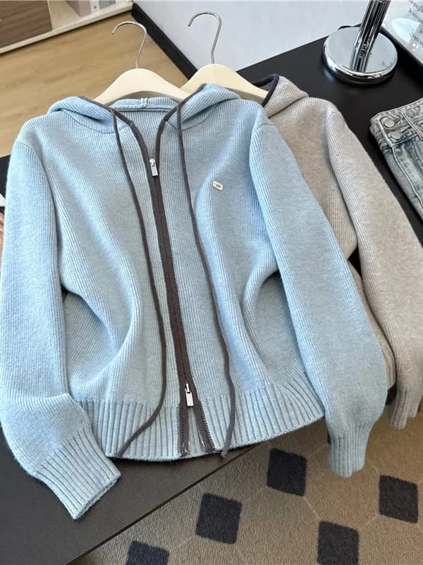 Laid-back Style Double Zipper Hooded Knitwear Jacket Women's Autumn Winter Loose Slimming Zipper Sweater Top Cotton Blend