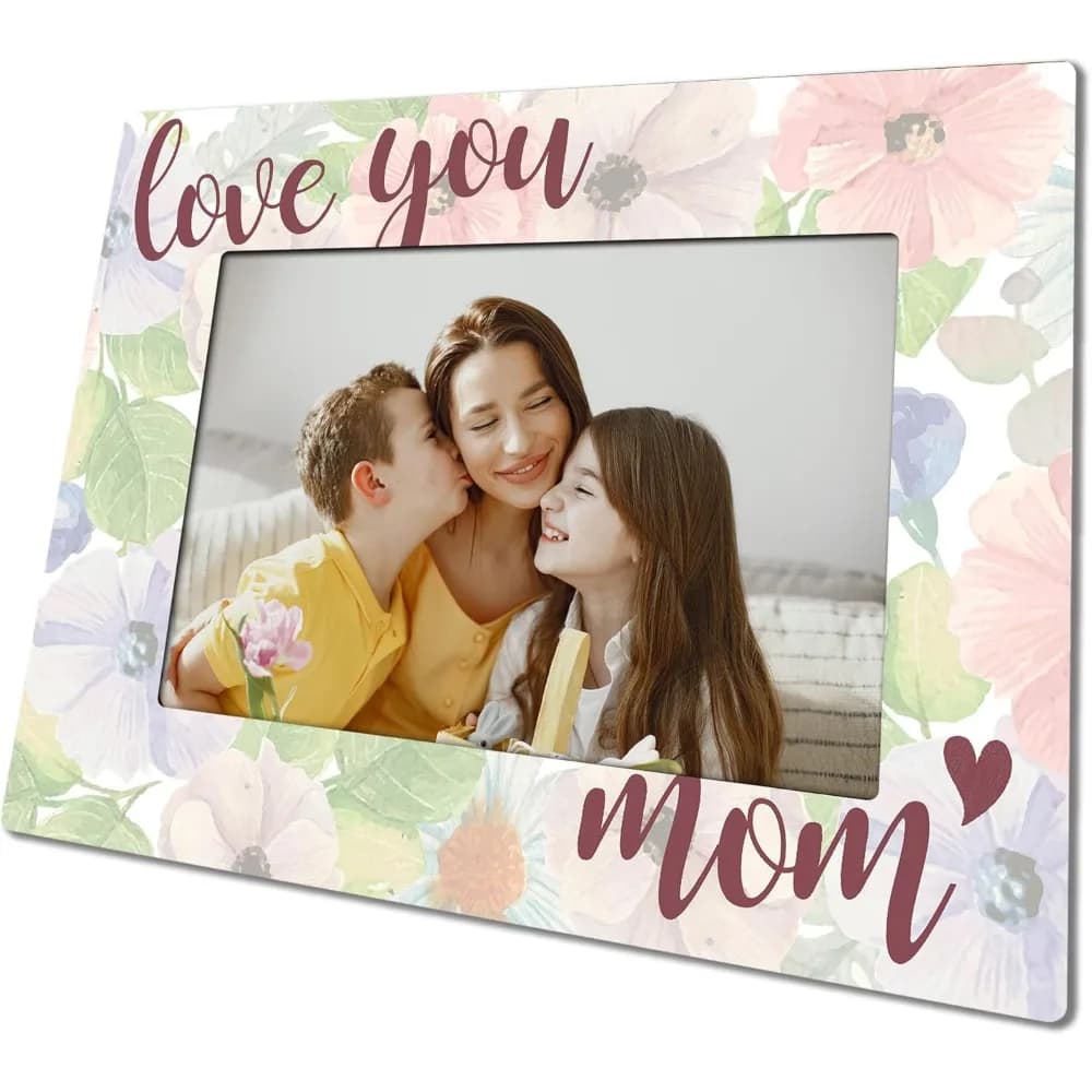 Love You Mom photo holder for 4 x 6 images with rear bracket, frame with rustic print for mom, table display, mom Birt