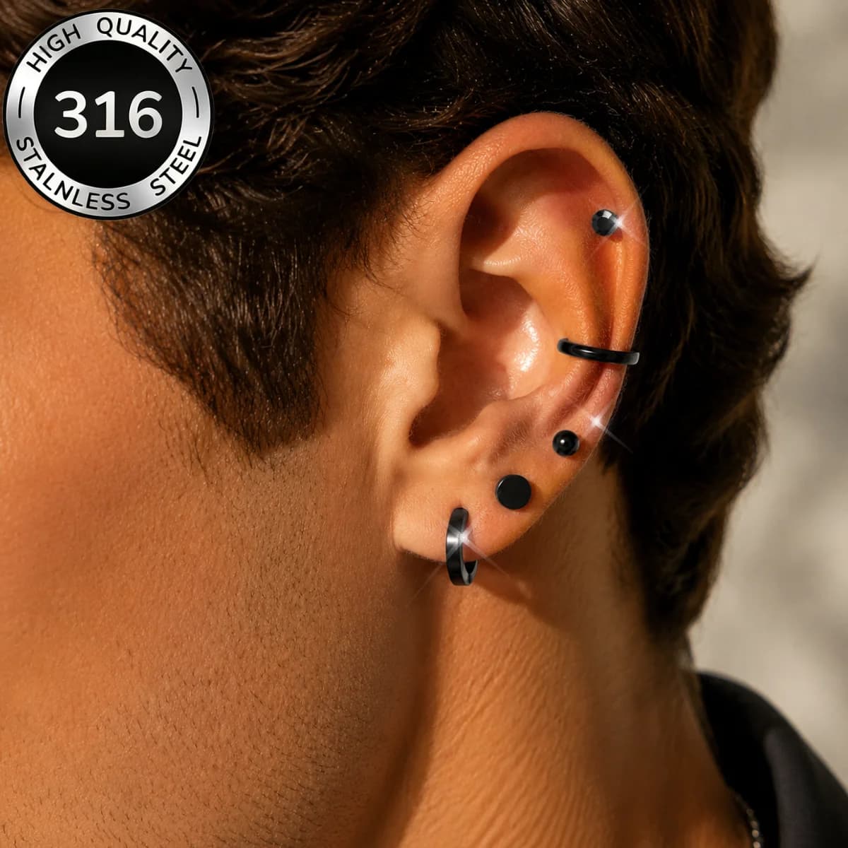 Set di 5 Orecchini da Uomo Eleganti, Colore Nero/Argento, in Acciaio Inossidabile, Perni e Cerchi, per Uso Quotidiano, Gioielli Unisex Multiuso