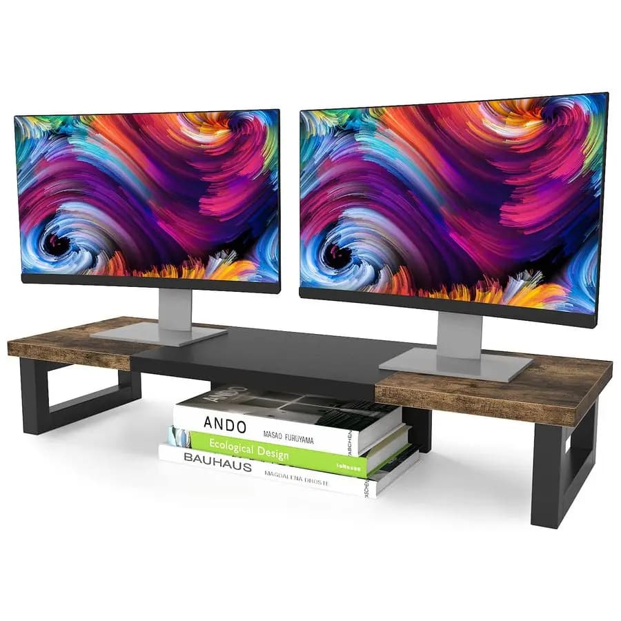 Support for Double Monitor, Desk Stand Multifunction Wood and Steel for 2 Monitor, for Computer, Laptop, Printer, TV, Ru