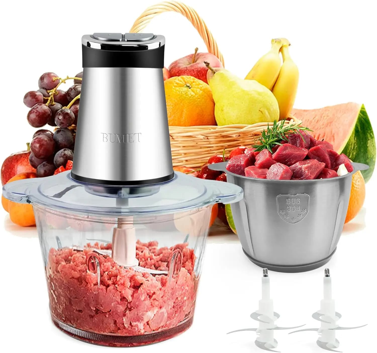Robot da Cucina Elettrico da 800W con Timer LED, 2 Ciotole da 12 Tazze e 6 Lame per Tritare, Sminuzzare Carne, Verdure, Cibo per Animali Domestici