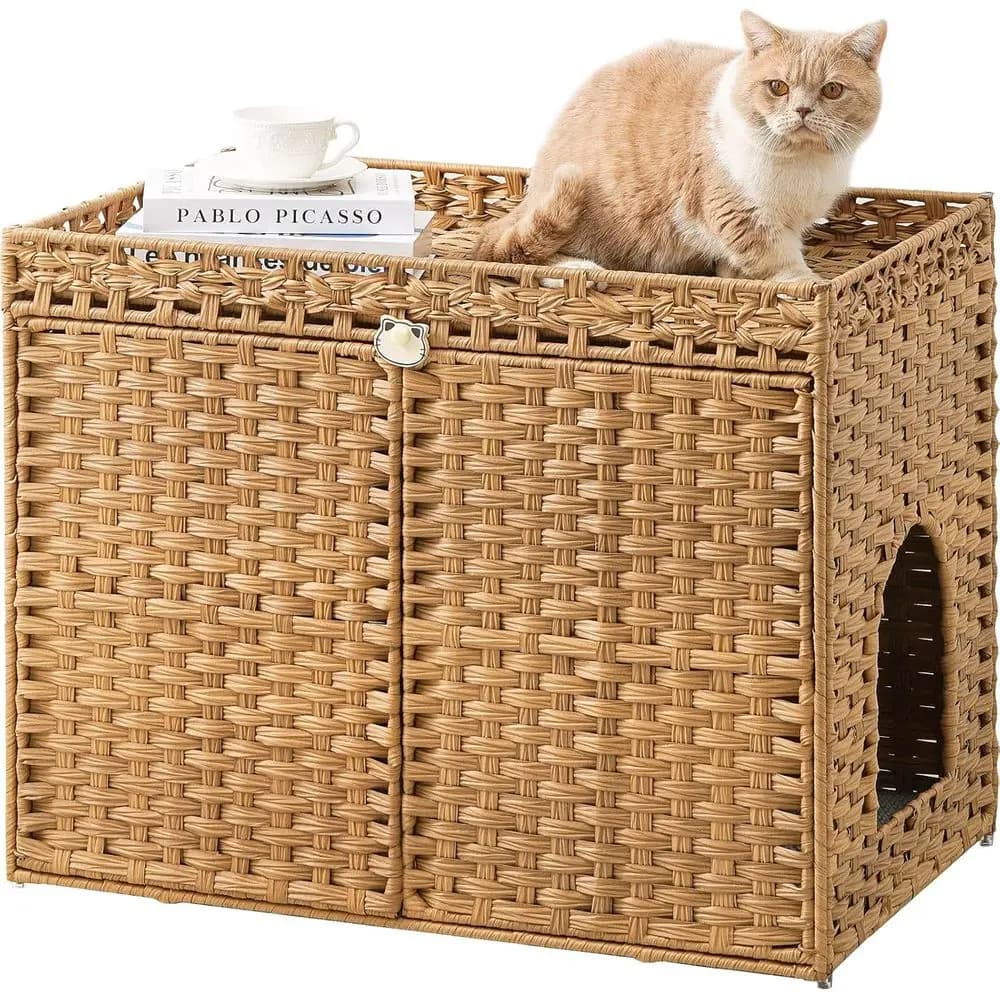 Recinto per Lettiera Gatti in Rattan con Tappetino, Grande Box Nascosto a Forma di S, 30.3x18.3x24.4