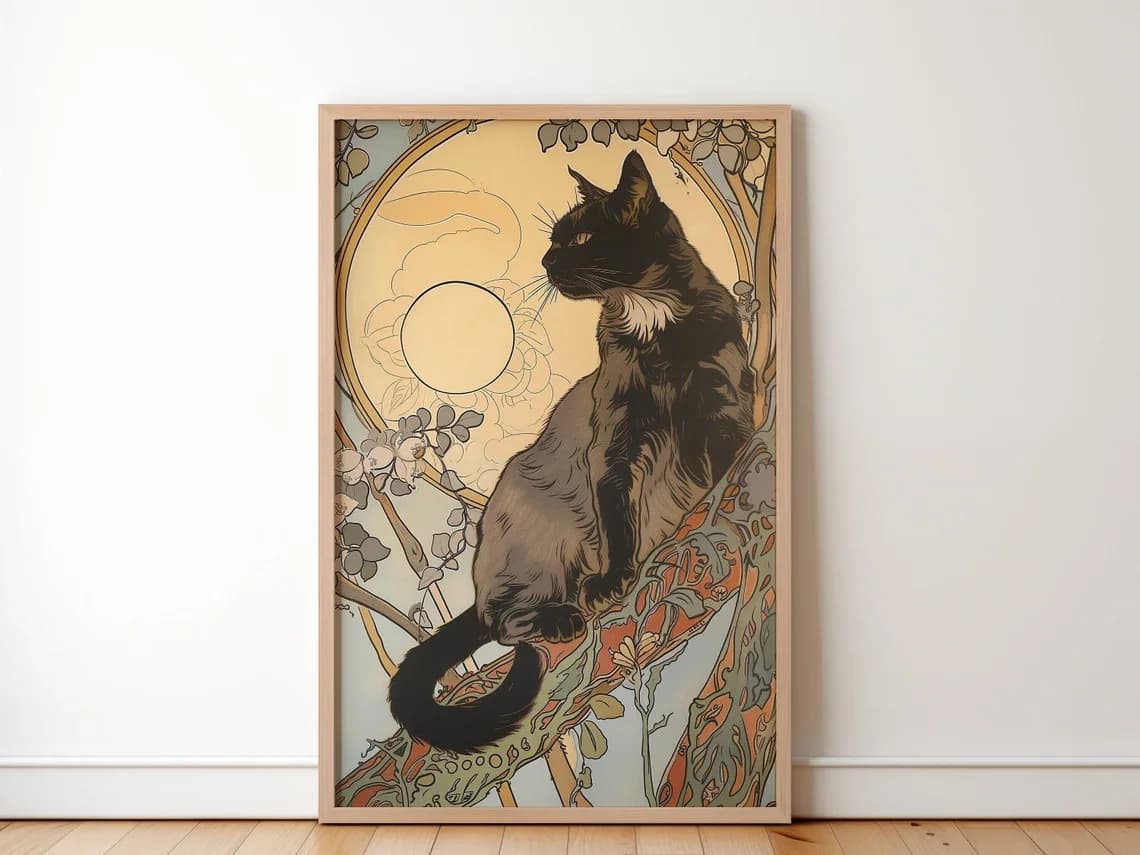 Black Cat Walking On a Tree Branch Wall Decor, Cute Cat In Nature Print, Funny Lighthearted Poster Gift for Friends and Family