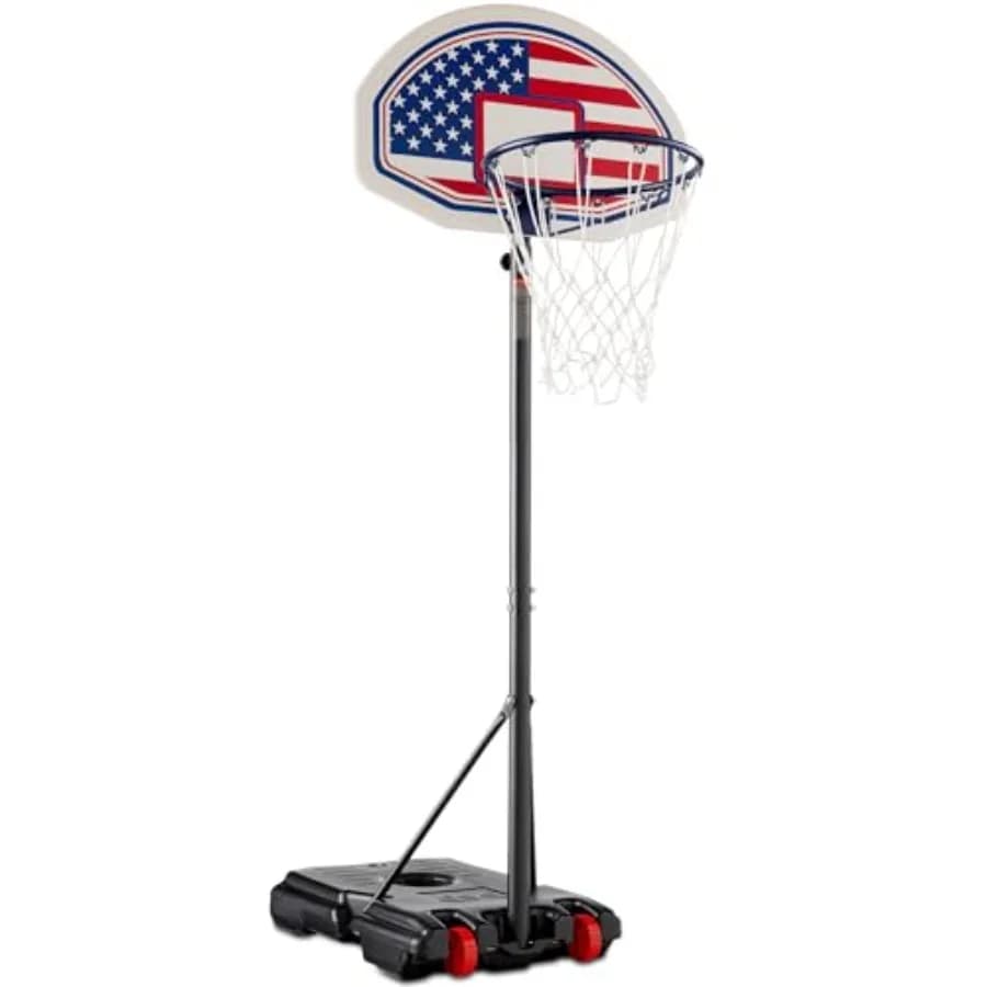 Canestro da basket regolabile in altezza per uso esterno, tabellone in polietilene resistente, colori rosso e blu, portatile con 2 luci.