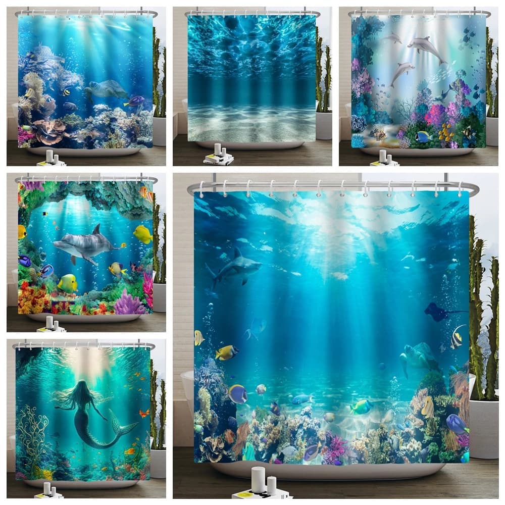 Realistic Underwater Ocean Dolphin Shark Mermaid Coral Fish Multiple Design Print Shower Curtain Waterproof Anti Mildew Polyeste