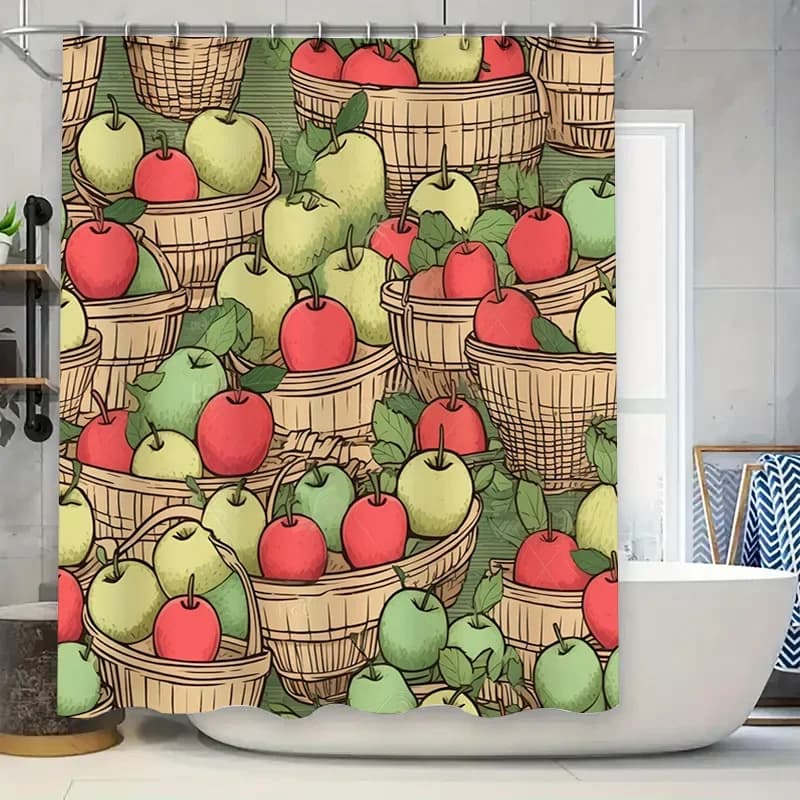 Tenda da doccia con mela verde rossa - Cesto e foglie in fattoria, decorazione da bagno rustica impermeabile per Natale
