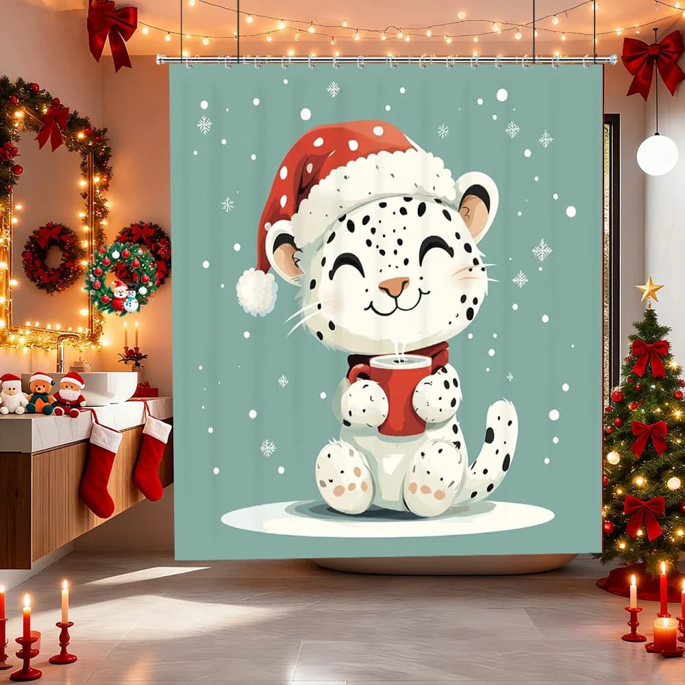 Cute Snow Leopard Christmas Shower Curtain, Cartoon Winter Animal Waterproof Bath Curtain, Kids Holiday Bathroom Decor