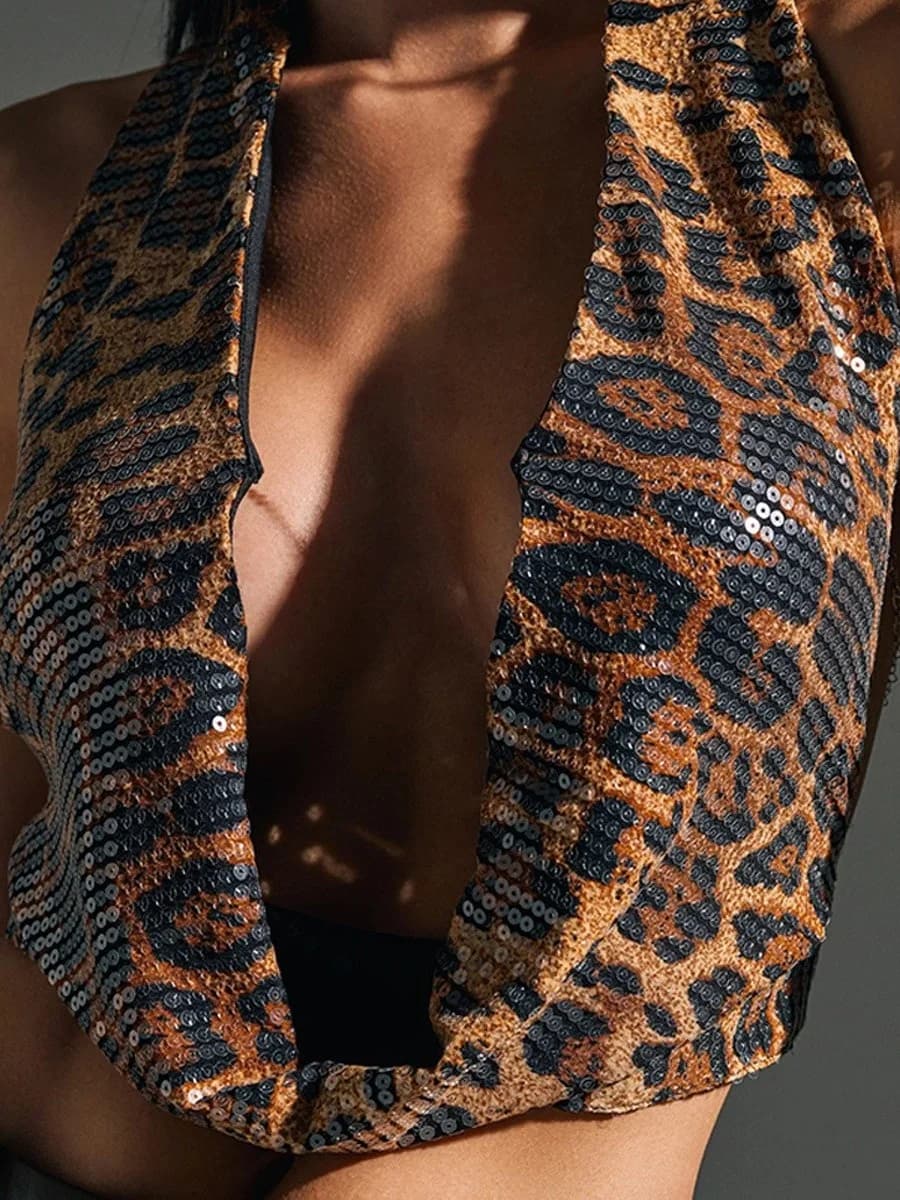 Top con Paillettes Stampa Leopardata con Cinturino al Collo, Stile Sexy con Elementi Tridimensionali, Gilet Intimo da Donna Corto