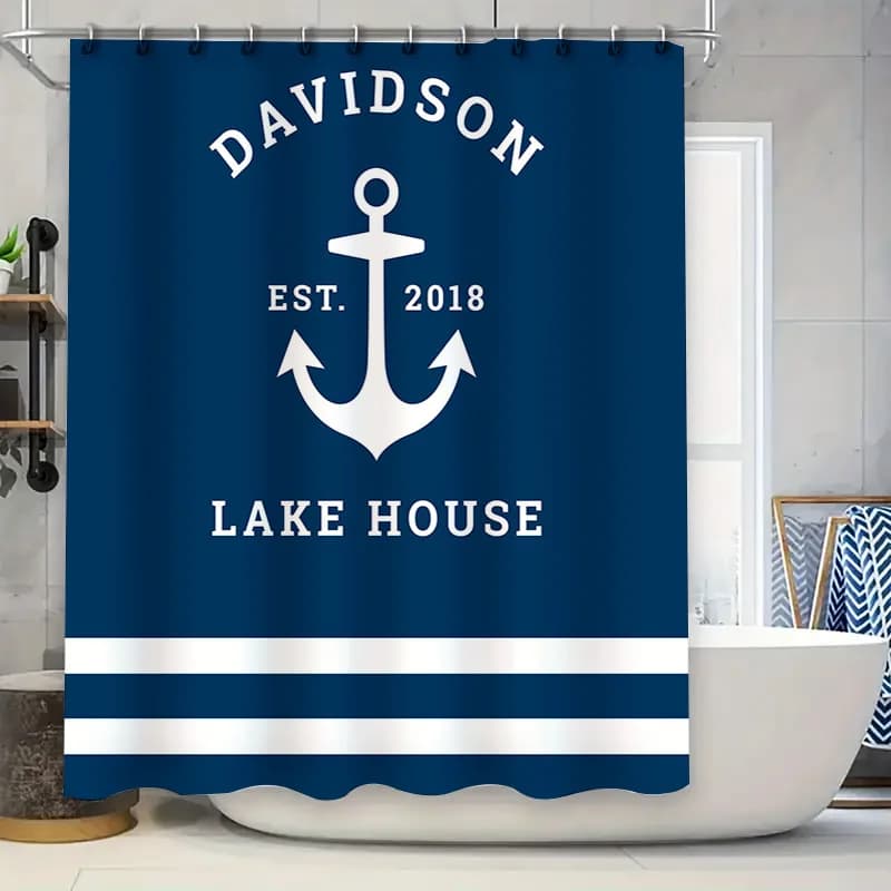 Tenda da doccia da bagno blu con design personalizzato di ancore per l'arredamento del bagno Personalizza i colori del tuo nome