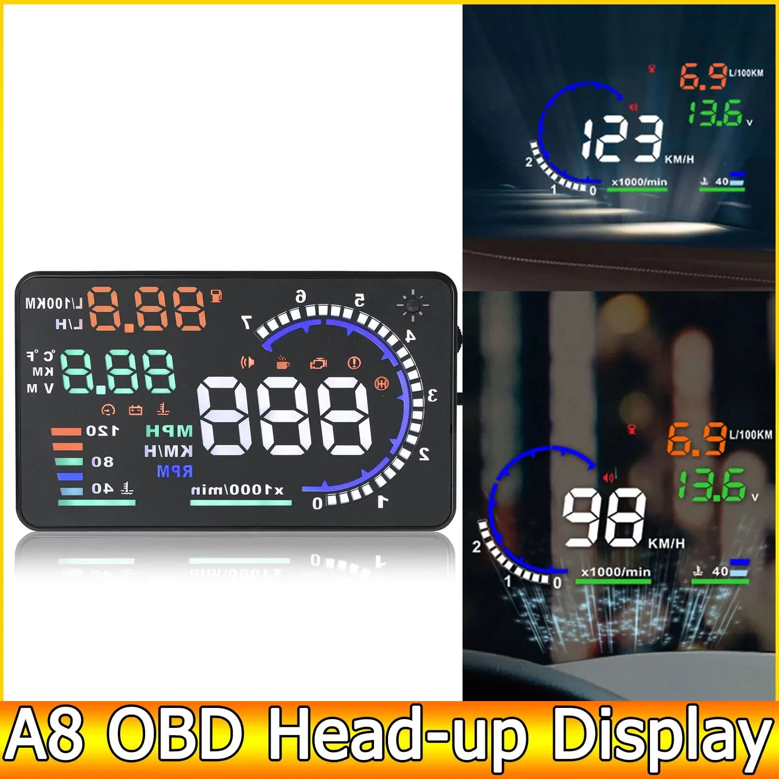 Display Digitale OBD per Auto HUD AUTO HUD OBD2 Proiettore su Parabrezza LED Tachimetro Temperatura Acqua Contagiri Head Up Display