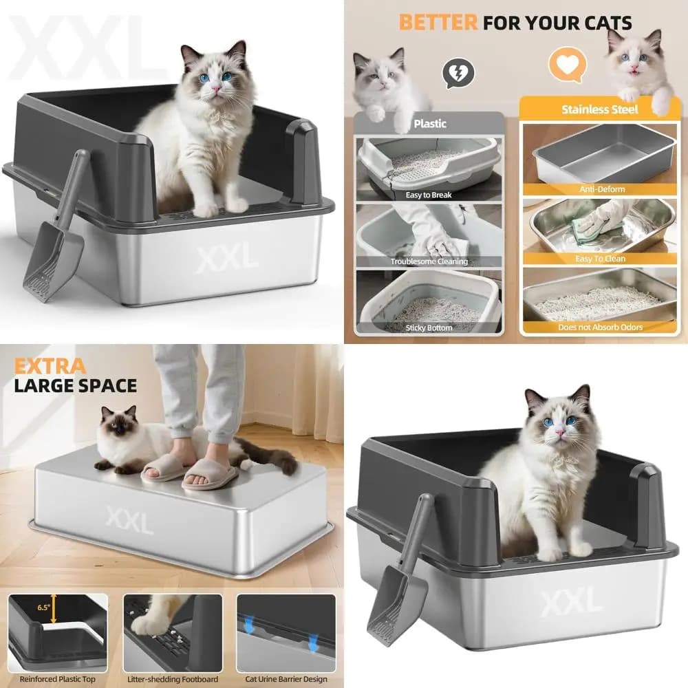 Lettiera per Gatti Extra Large in Acciaio Inossidabile con Coperchio, Vasca Metallica a Bordi Alti, Anti-Odore, Anti-Perdita, Include Paletta (65-kgray)