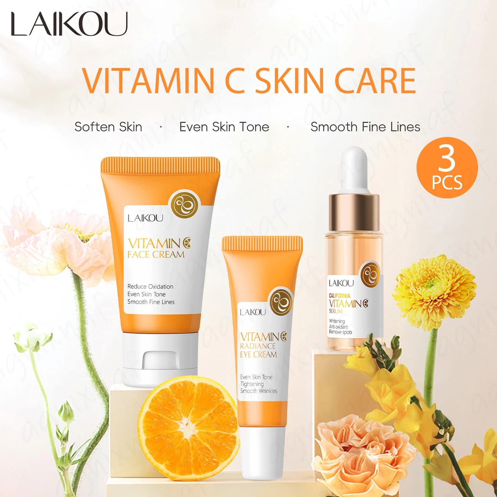 LAIKOU Nuovo Set di Cura della Pelle alla Vitamina C, Crema Viso 30g, Siero 17ml, Crema Contorno Occhi 15g, Idratante Anti-Rughe, Cura del Viso 3 Pezzi