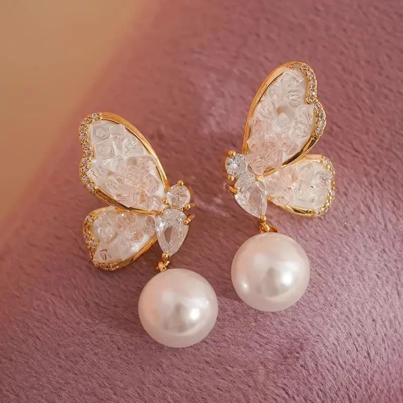 Orecchini a Farfalla con Cristalli e Perle, Accessori di Lusso Leggero per Donne, Gioielli alla Moda per Feste e Vacanze