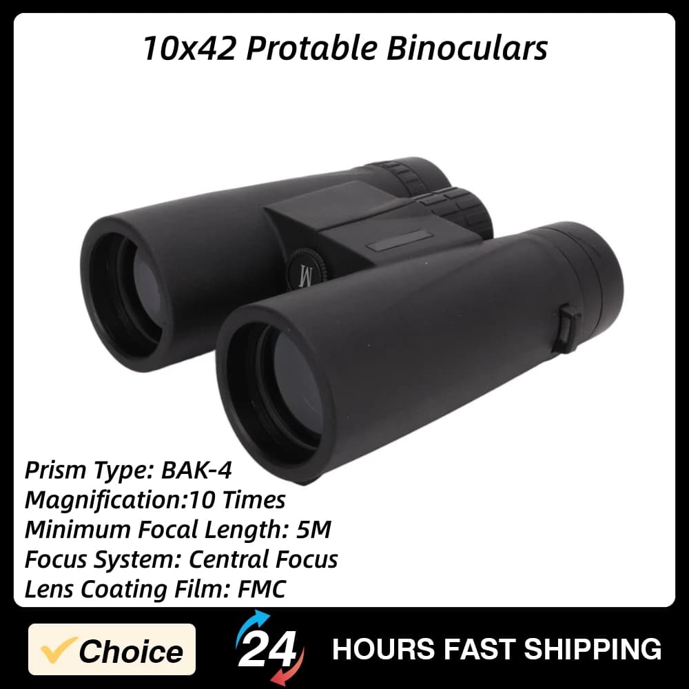 Binocolo 10x42 Portatile con Messa a Fuoco Centrale, Occhiali da Campo Compatti per Caccia, Rivestimento Multistrato FMC, Nero