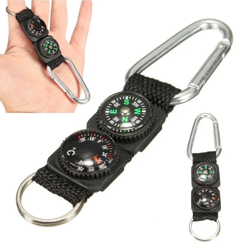 1pc universale multifunzione 3 in 1 campeggio arrampicata escursionismo mini moschettone W portachiavi bussola termometro gancio portachiavi