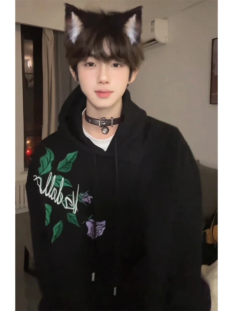 Cleanfit Purple Rose Embroidery Hoodie Men's Spring Autumn Heavyweight Oversize Couple's Jacket Loose Fit Long Sleeve Cotton