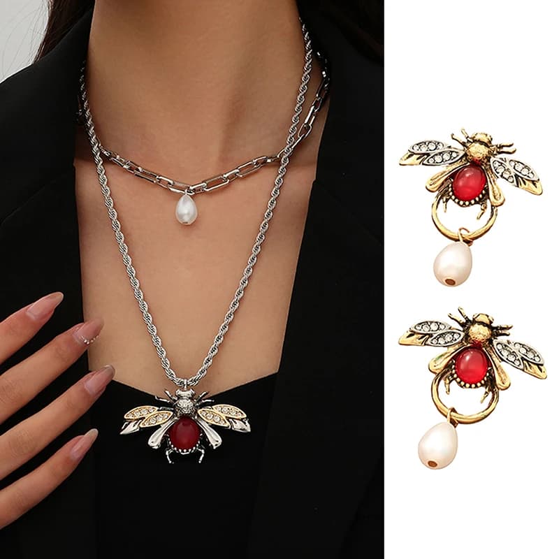 Collana con orecchini pendenti con perle d'imitazione di design vintage in metallo per gioielli di moda da donna, regali per feste
