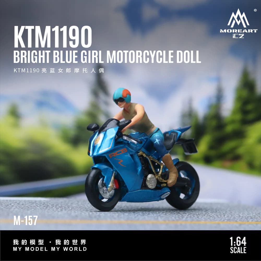 MoreArt 1:64 KTM1190 Modello in resina per figura d'azione moto ragazza blu brillante, decorazione scena in miniatura regalo e display