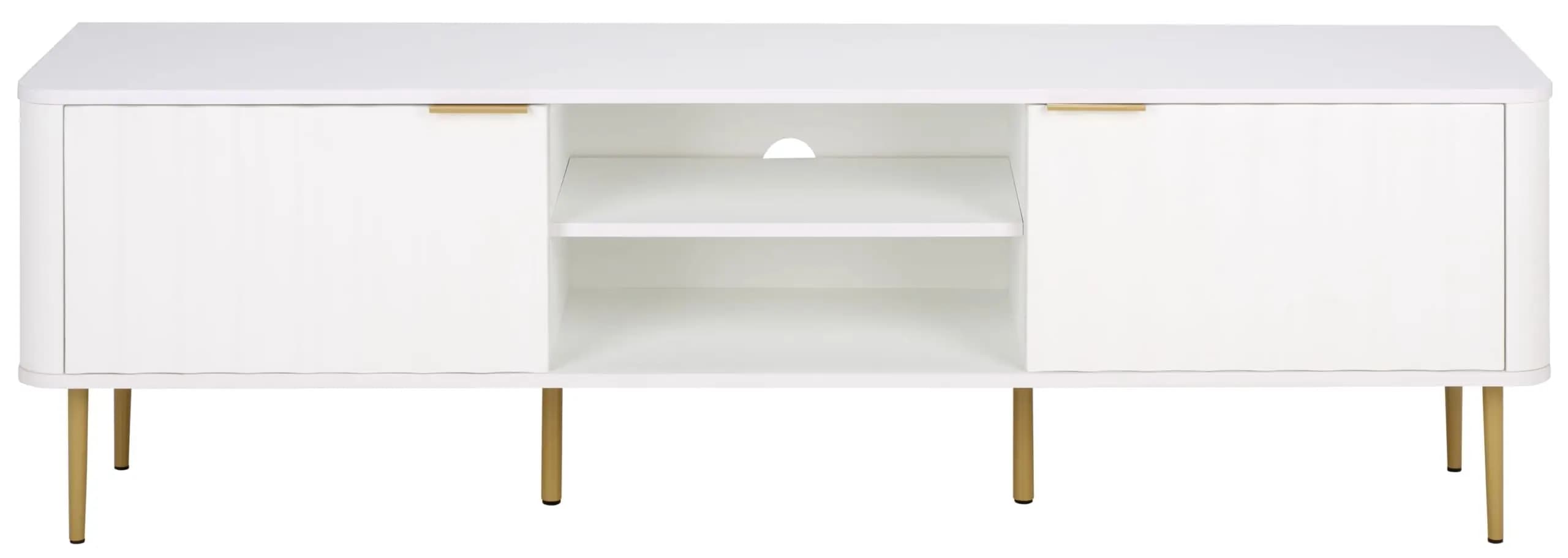 Mobile TV moderno bianco con gambe color oro, console per l'intrattenimento a 3 ante per soggiorno